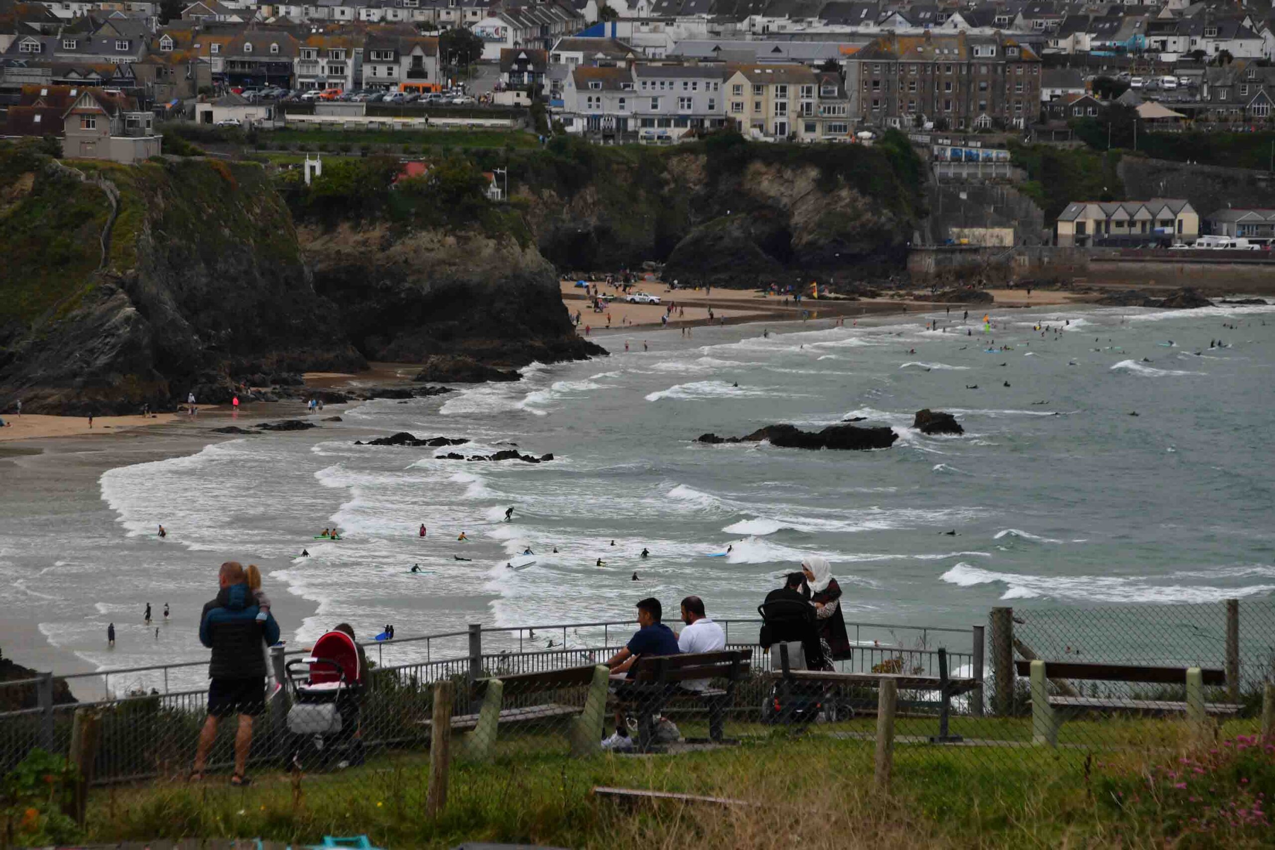 View on Great Western Beach and Towan Beach in Newquay, Cornwall